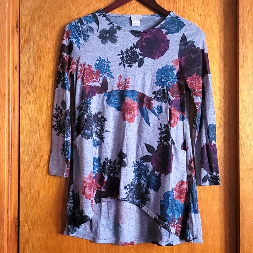 Chico's Women's Tunic Top Multicolor Gray Rose Button Sleeve Crew Pocket XSP